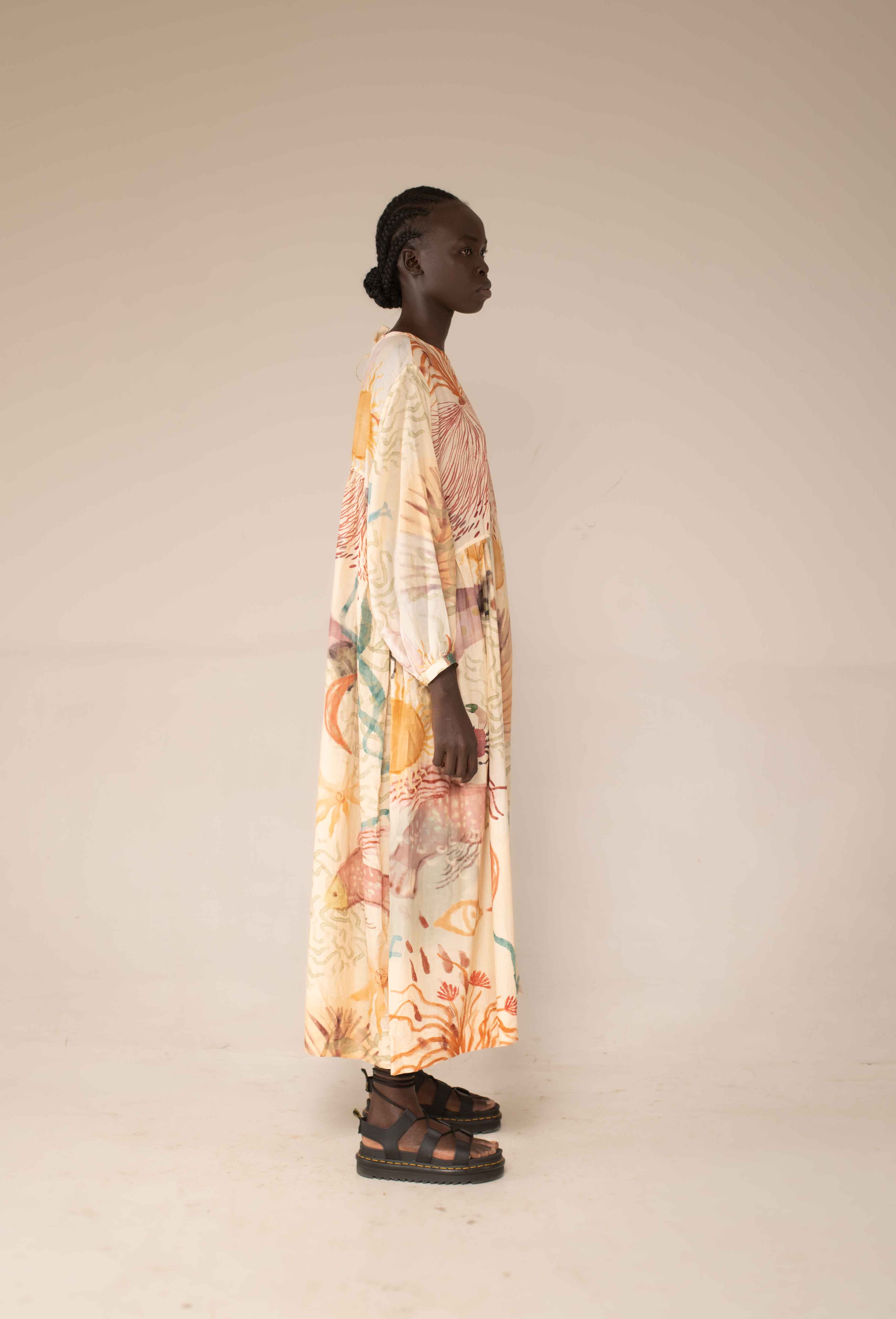Balloon dress in Rain Collector print by Hamaji Studio - full-length styled view