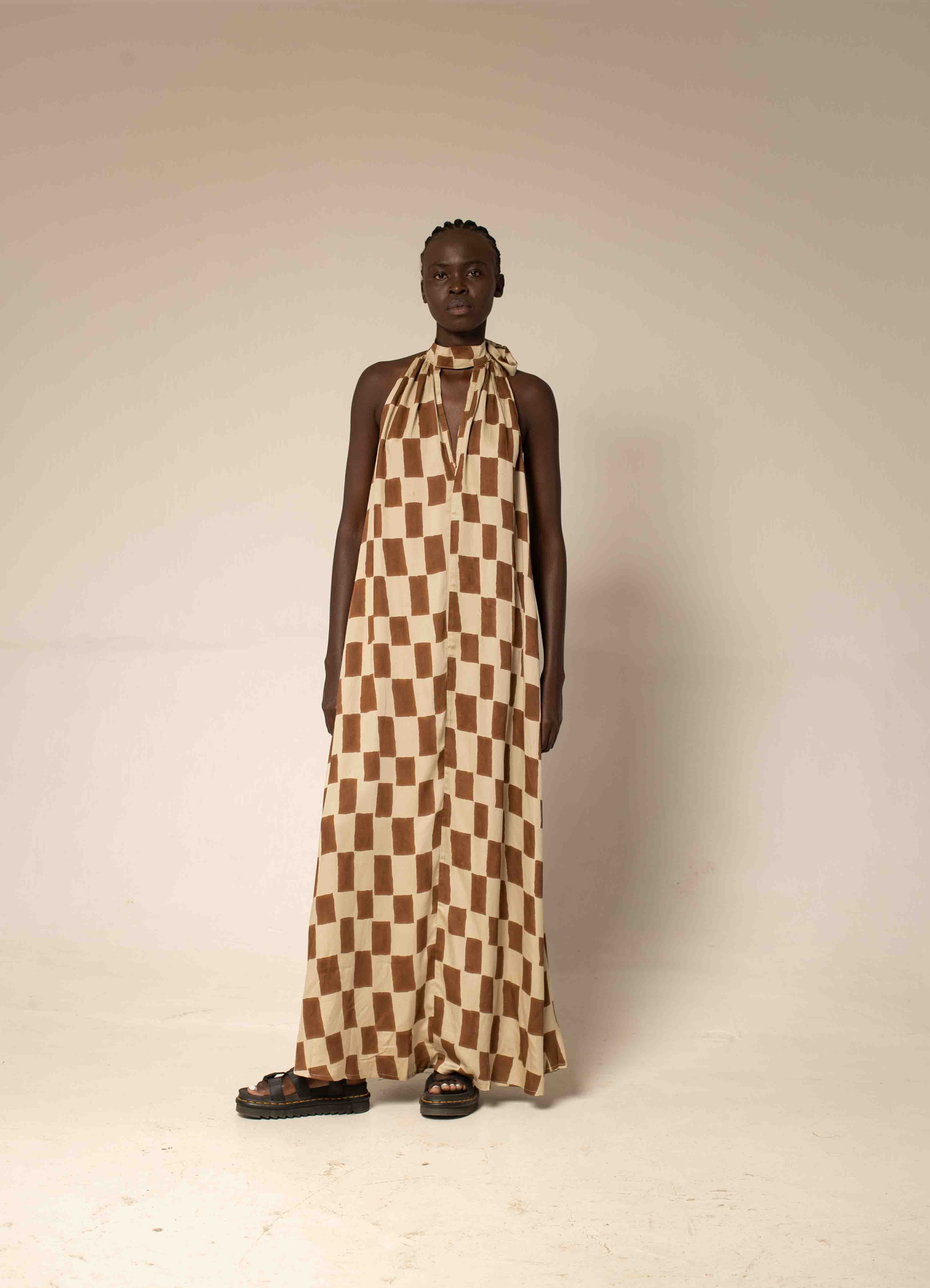 Halter neck dress - Block print mocha