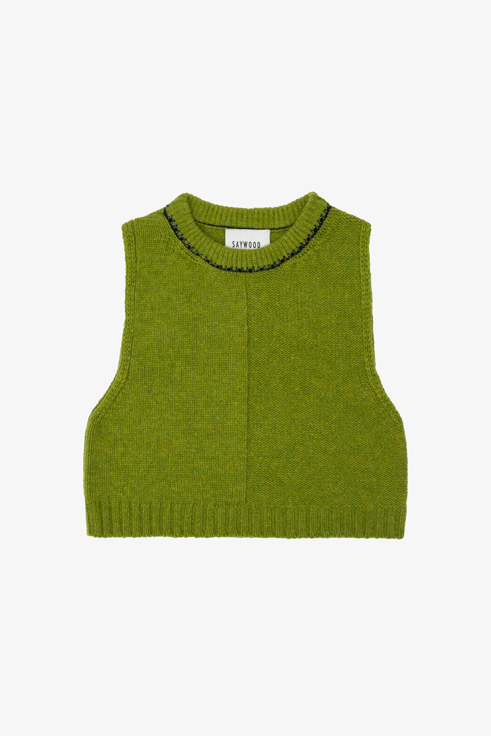 Green lambswool knitted vest with navy trim on a white background. Saywood’s Ada Sweater Vest, made in the UK with Scottish spun yarn.