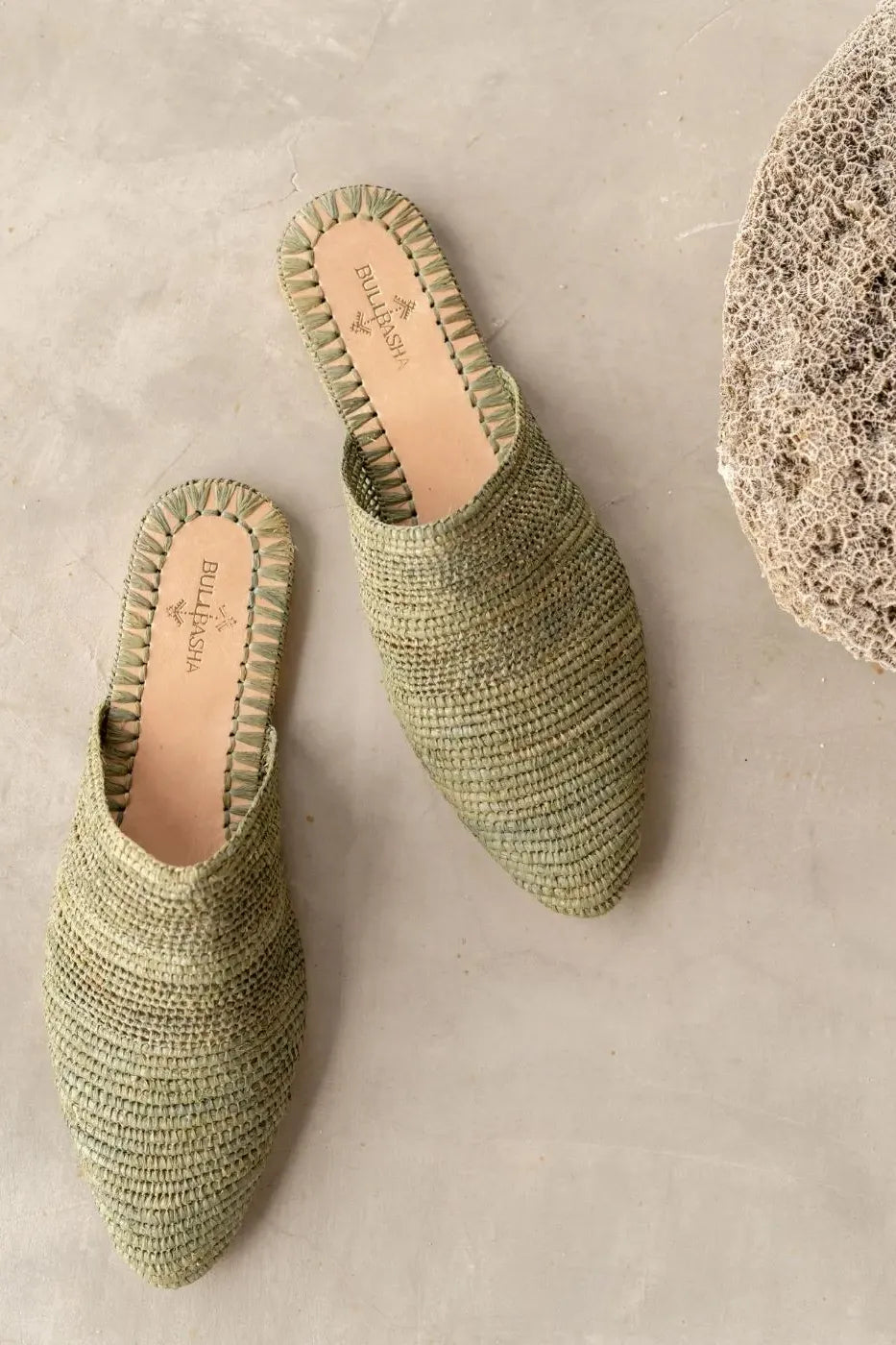 Babouche Tayri Green, sustainable, handmade sandals made from natural materials by Bulibasha