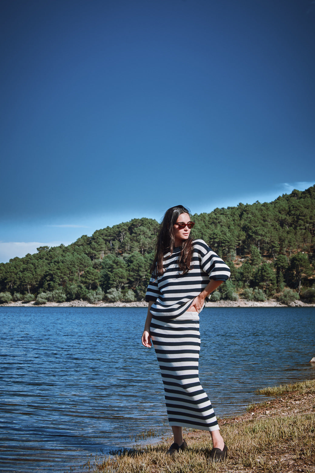 CECILE Straight Midi Skirt in Organic Cotton - Navy Blue and Off-white stripes