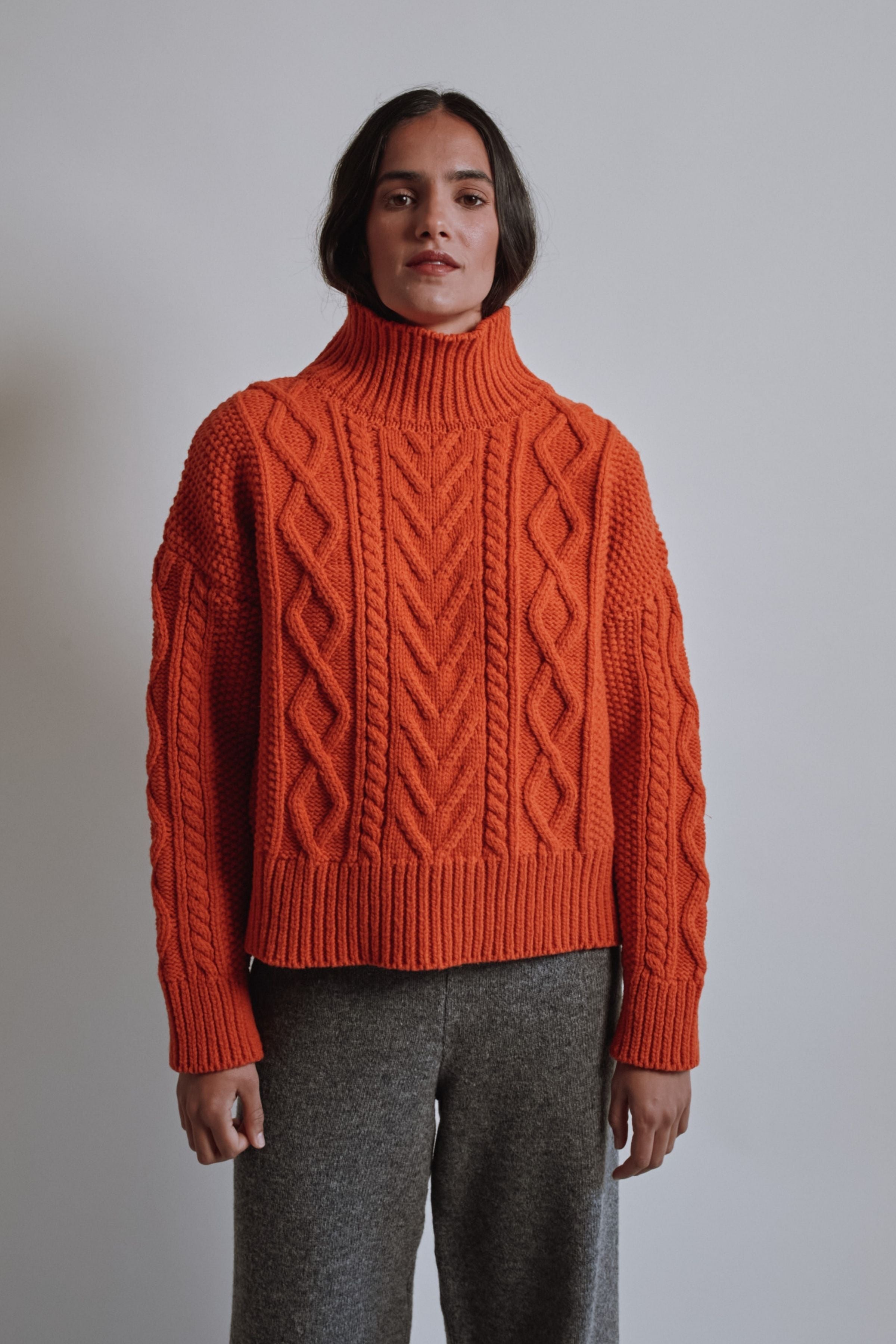 GWENAELLE Irish Cable Sweater in Merino Wool - Burnt Orange