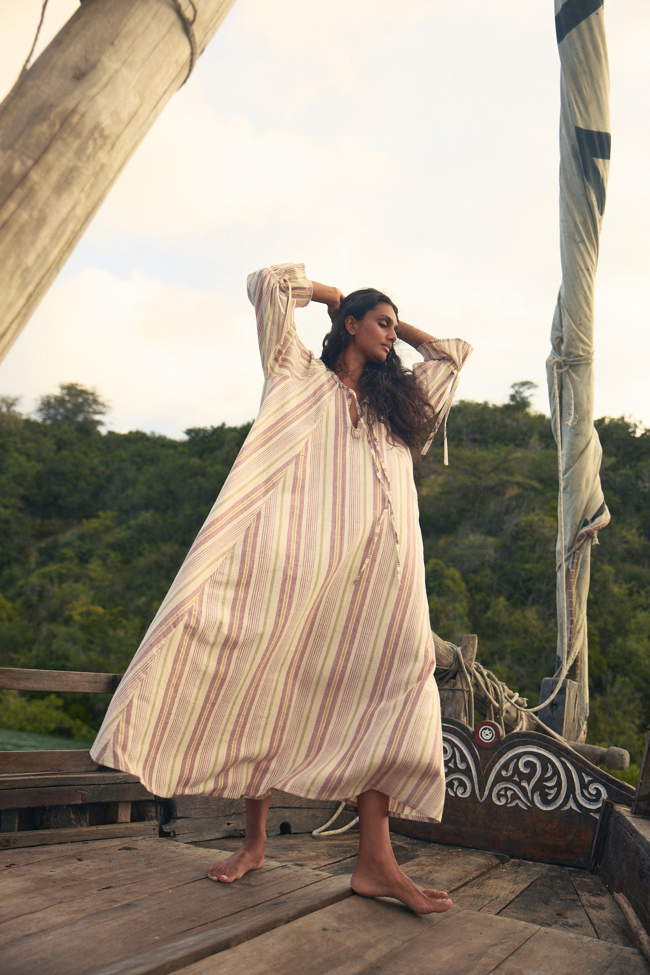 Sarabi Maxi Dress in Sisal Stripe — full length silhouette showing five-panel volume