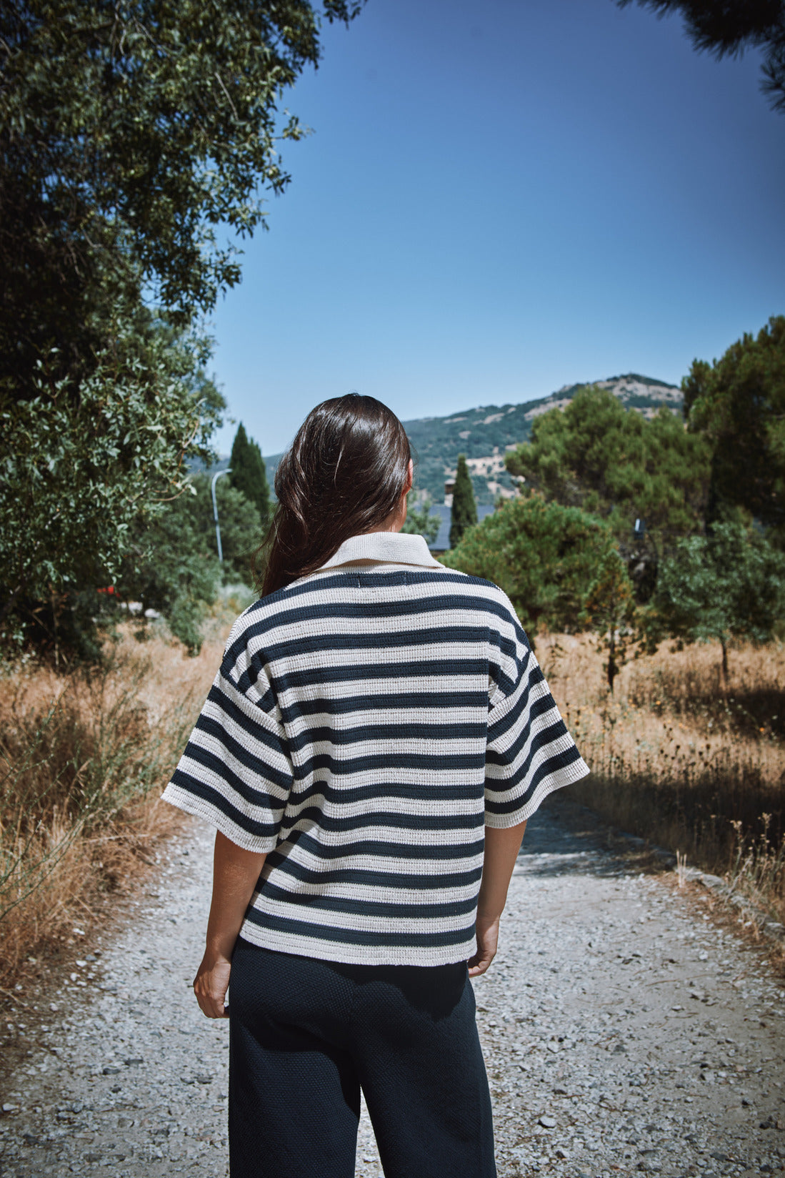LILI Oversize Polo Shirt in Organic Cotton - Navy and Off-White Stripes