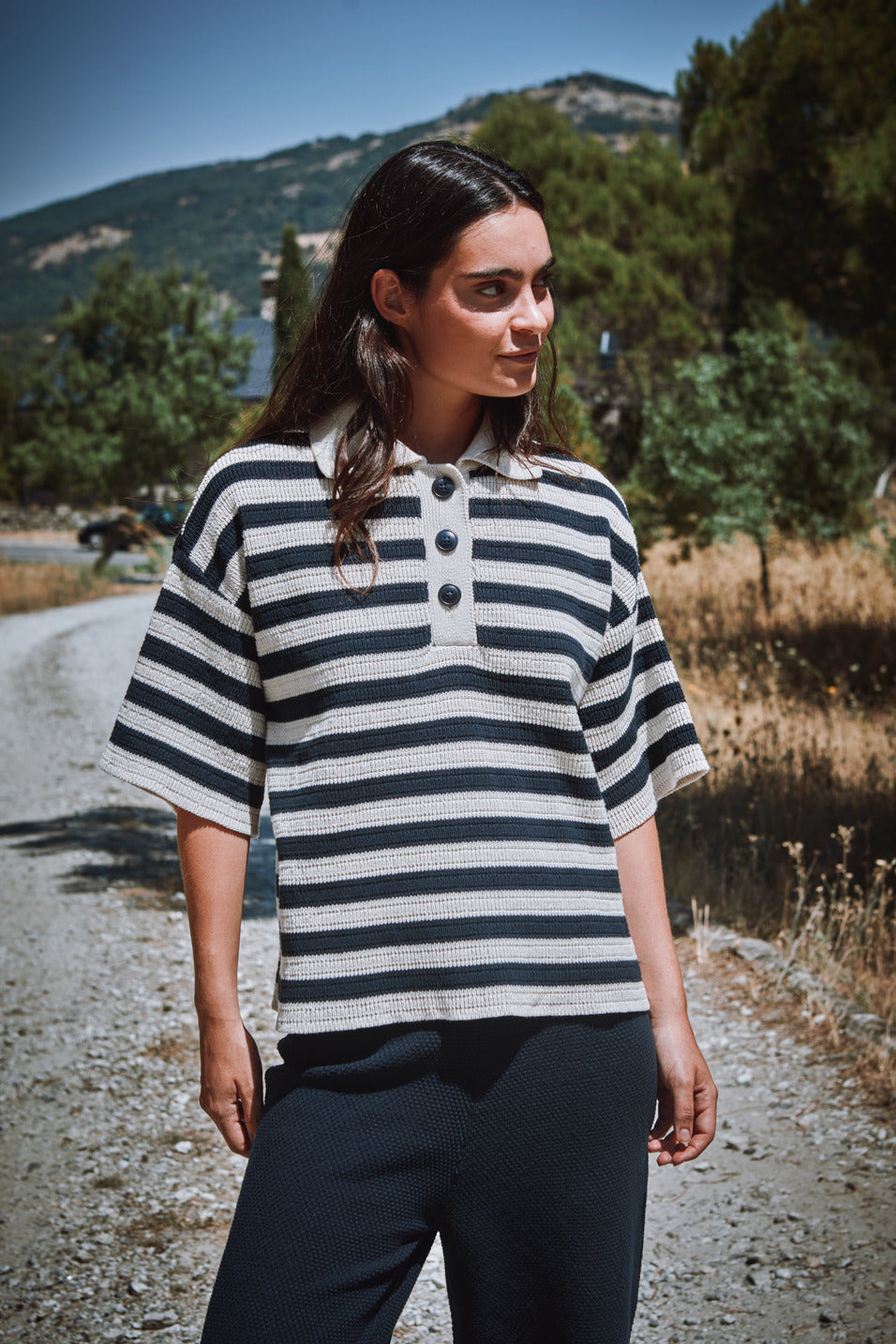 LILI Oversize Polo Shirt in Organic Cotton - Navy Blue and Off-white stripes - L'ENVERS