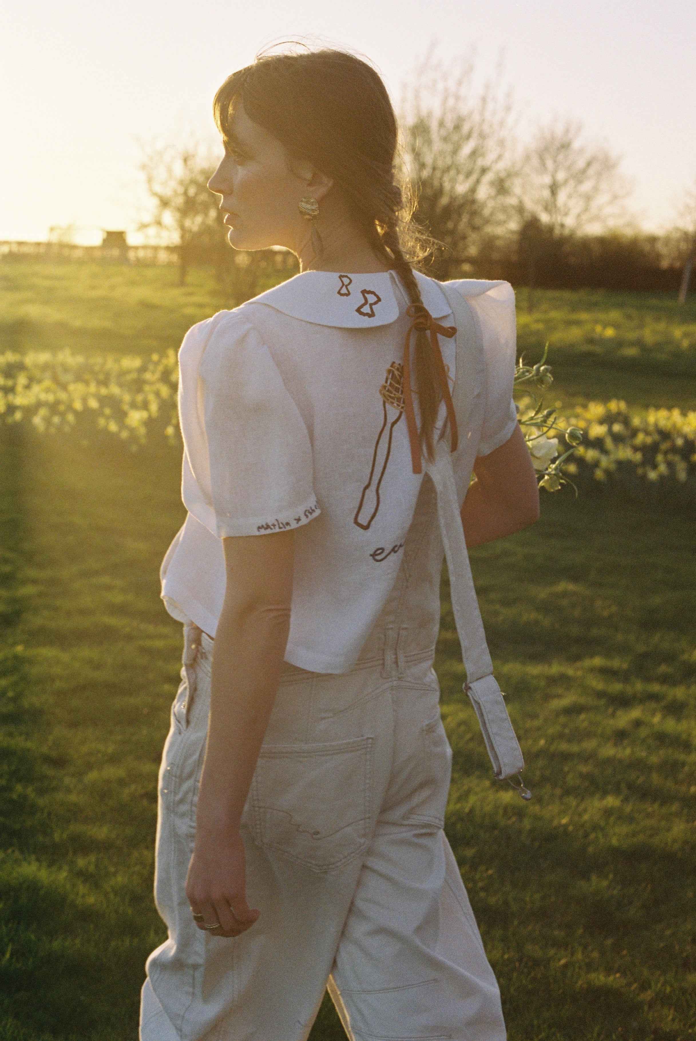 Eat Together Embroidered Frances Linen Blouse - White  x Sshepaints - Made to Order