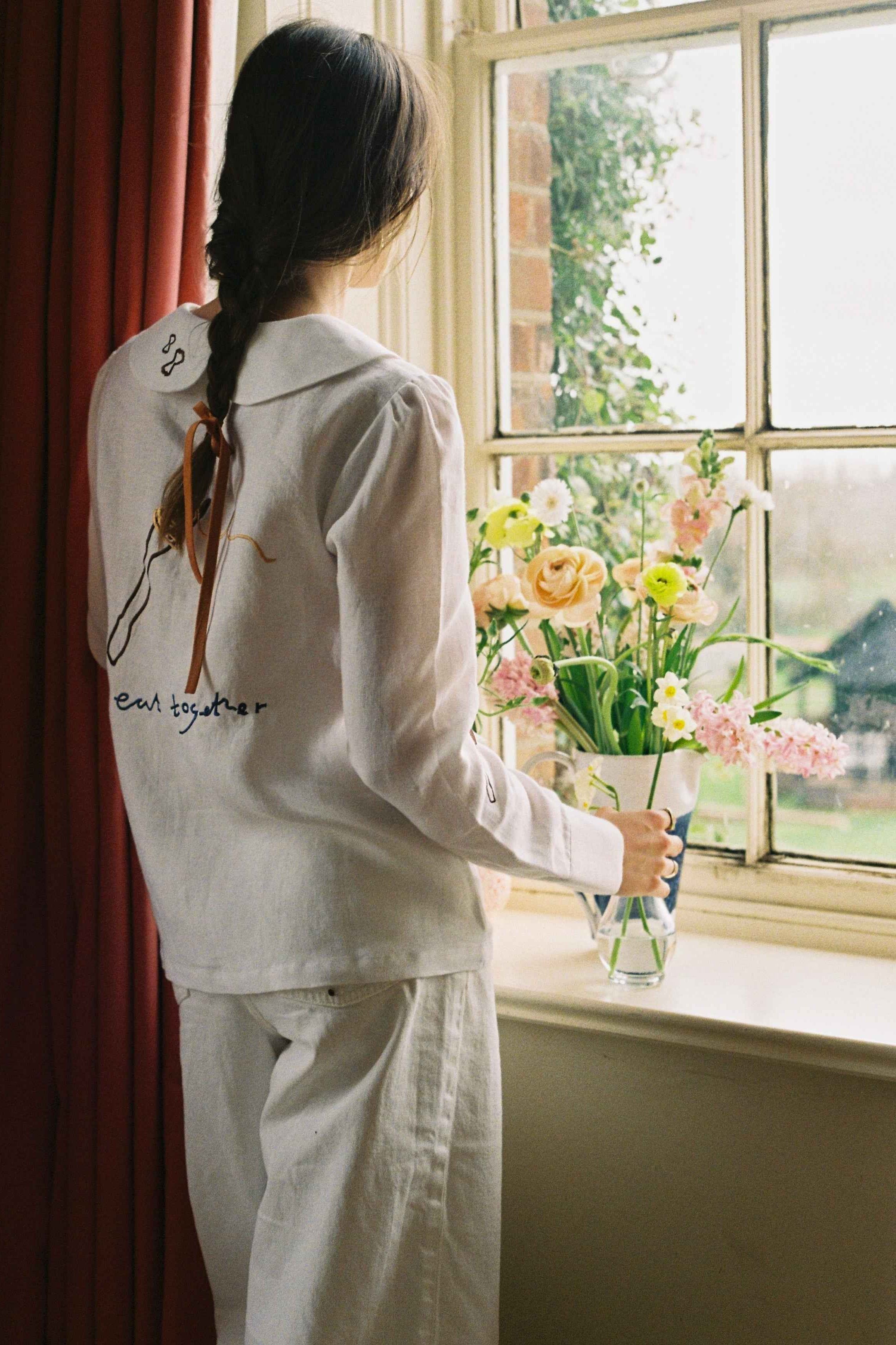 Eat Together Embroidered Claudine Linen Blouse - White  x Sshepaints