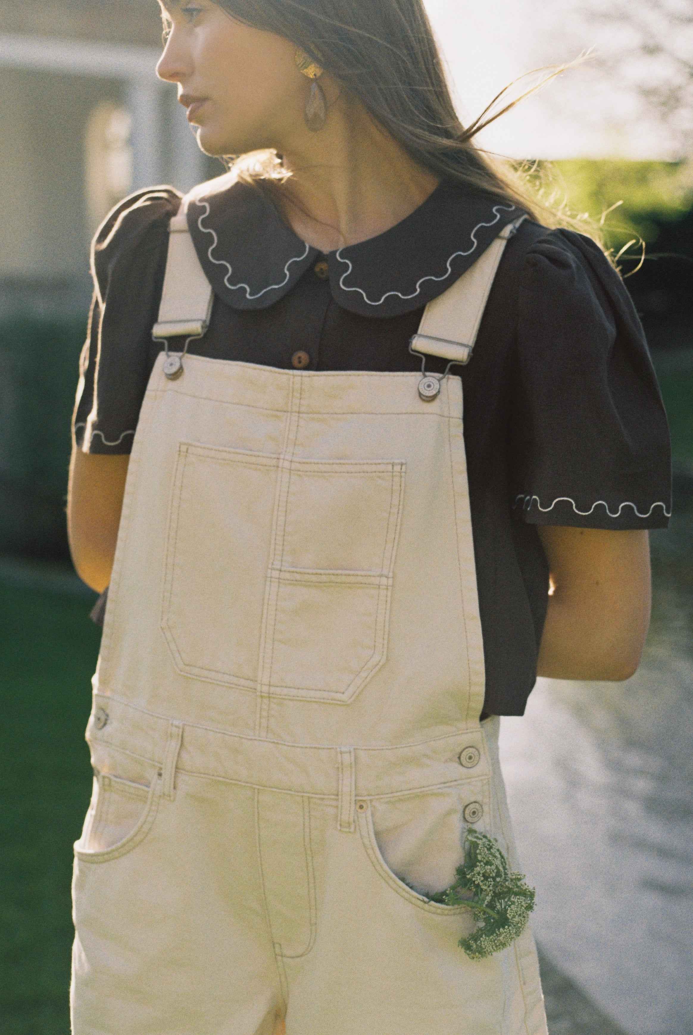 Frances Linen Cropped Blouse with Embroidered Trims  - Chocolate