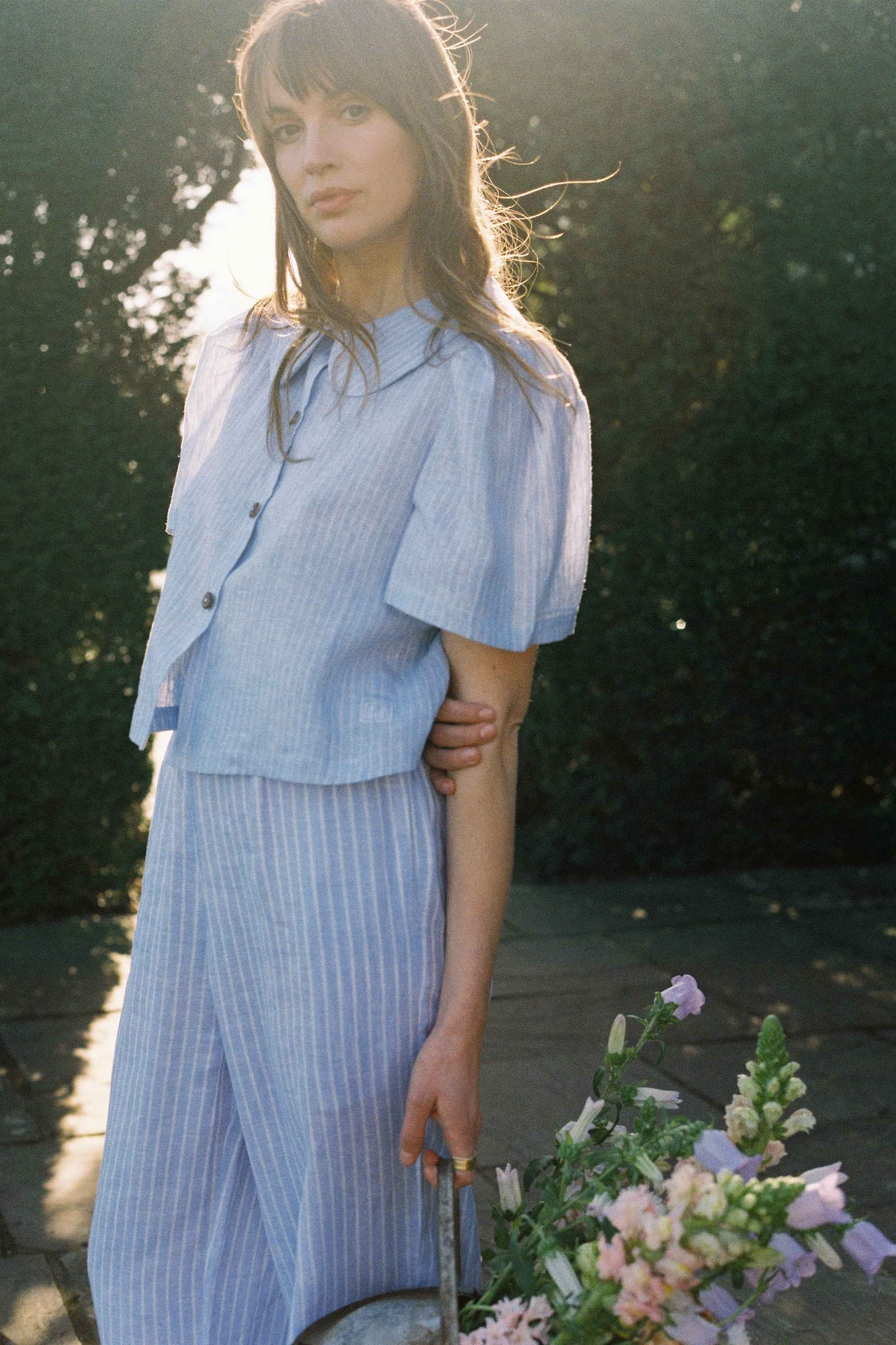 Maya Linen Trousers - Baby Blue Stripe