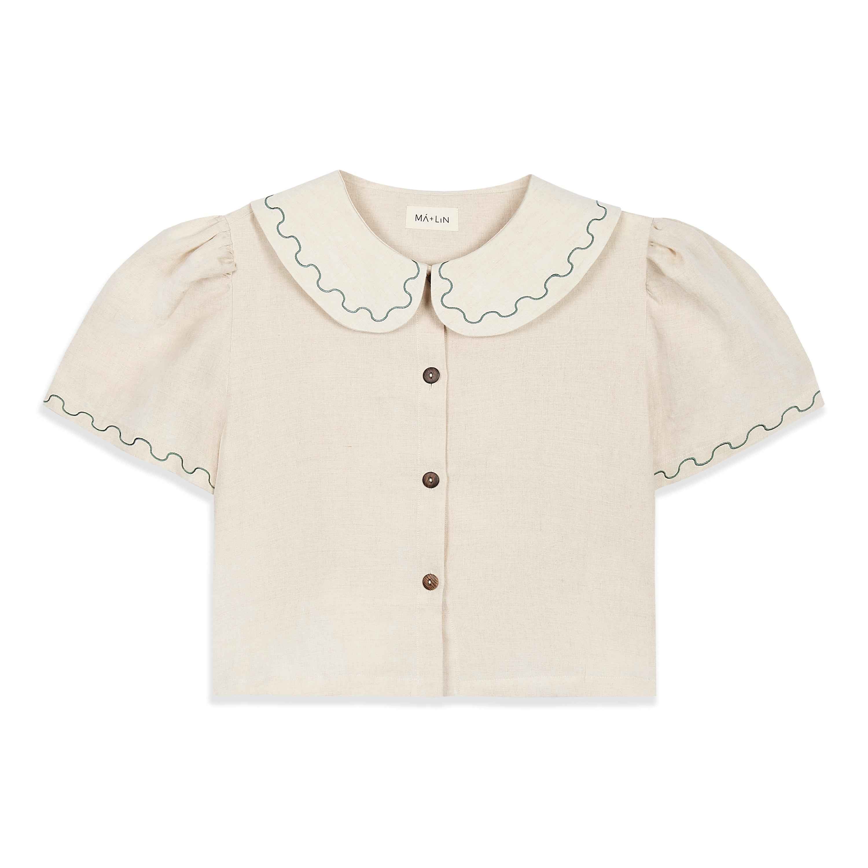 Frances Linen Cropped Blouse with Embroidered Trims - Natural