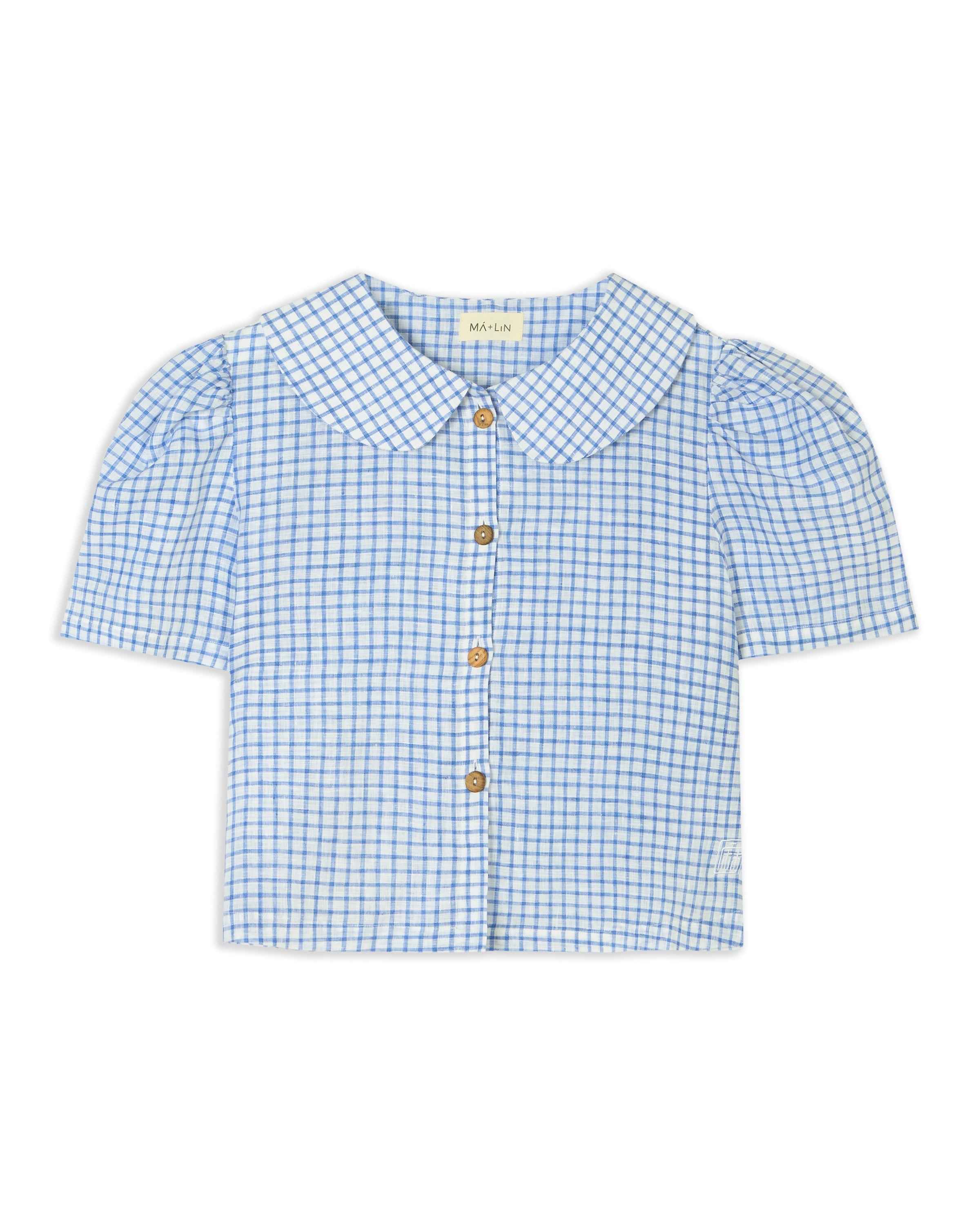 Frances Linen Cropped Blouse  - Royal Blue Gingham