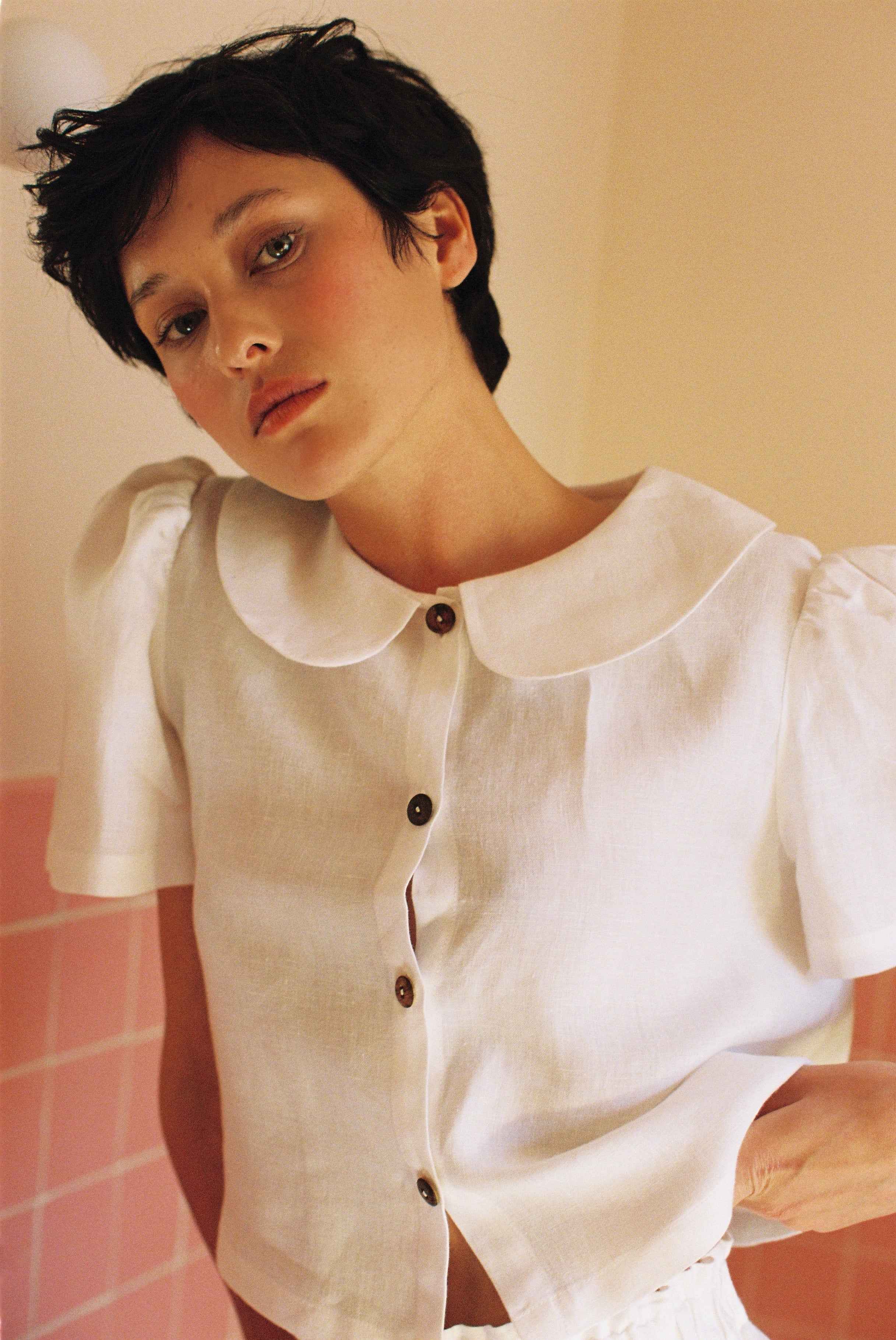 Frances Linen Cropped Blouse  - White