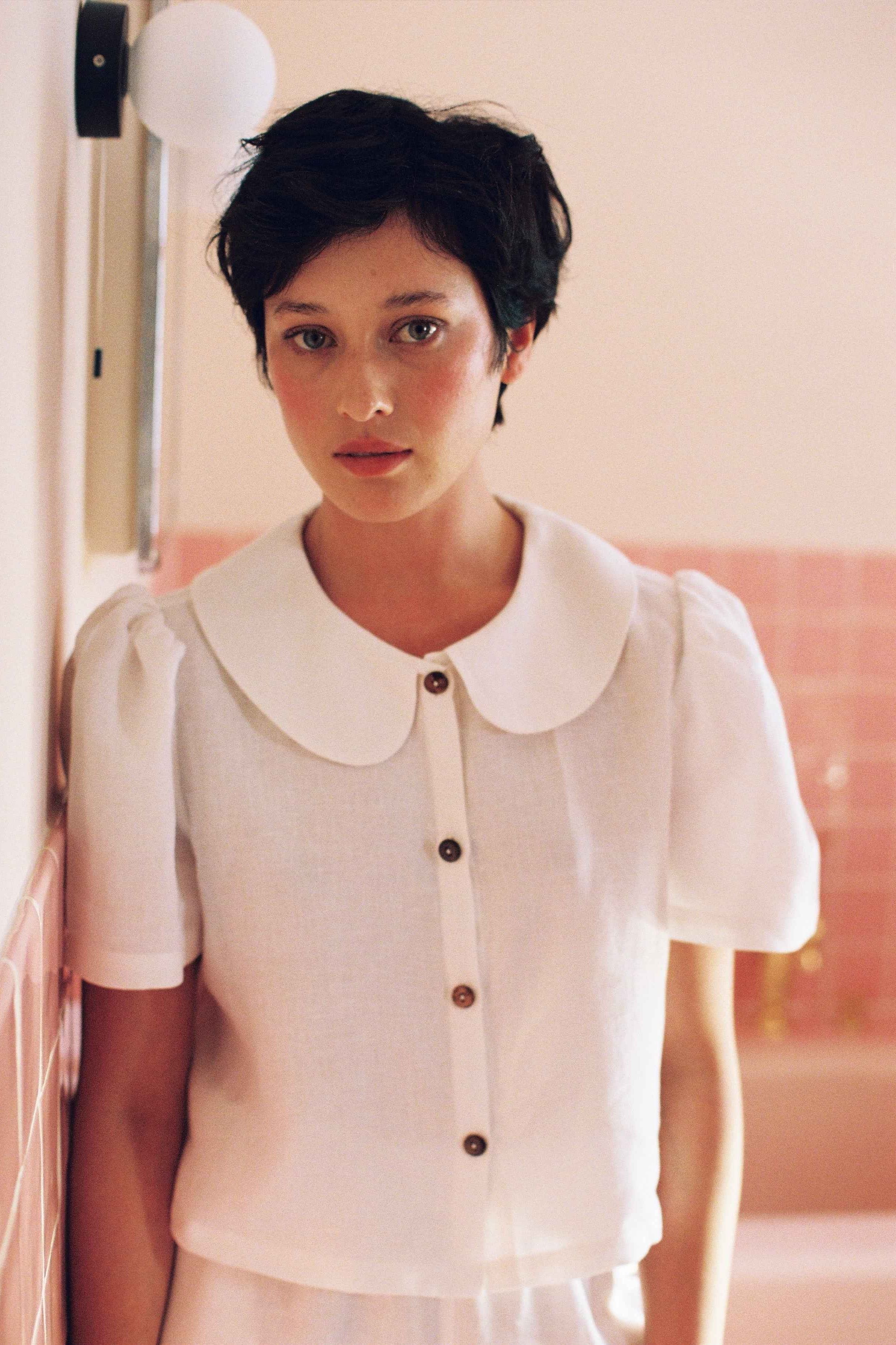 Frances Linen Cropped Blouse  - White