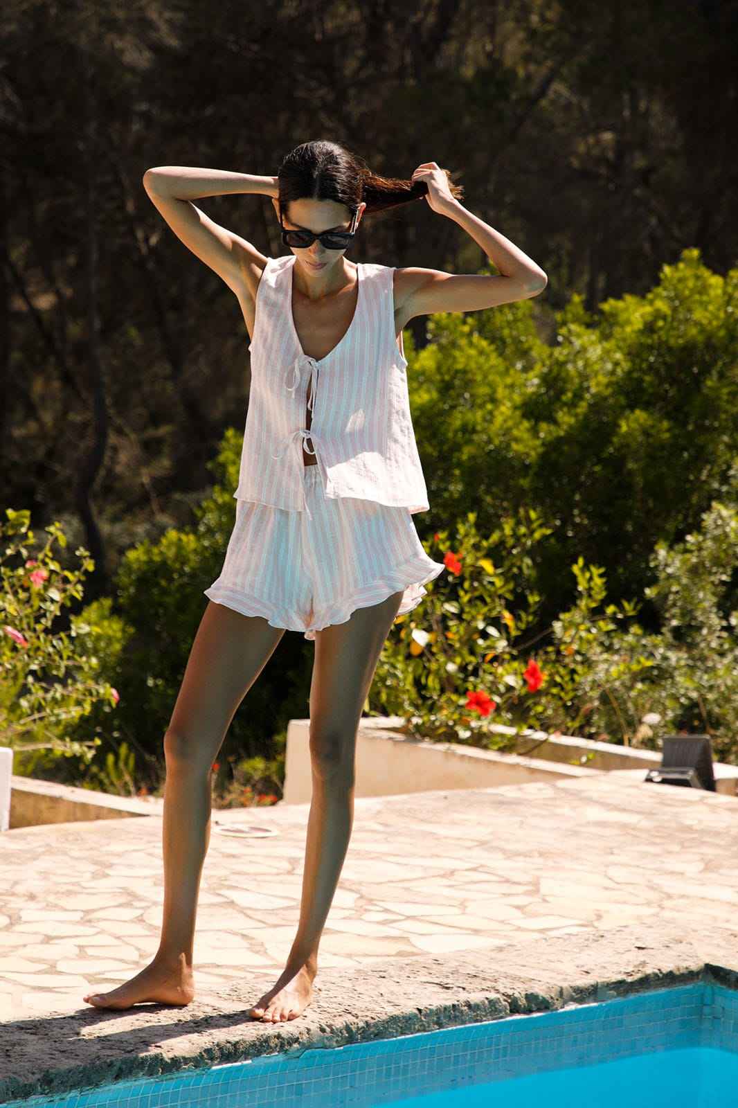 The Camilla Sleeveless Tie Top in striped rosé
