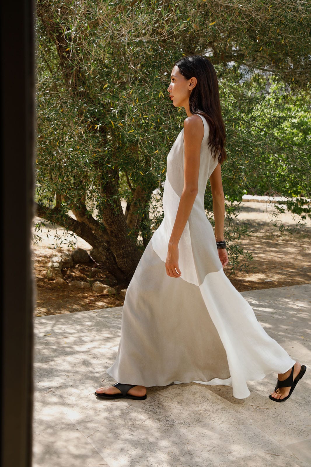 The Athena Maxi Dress in oatmeal and off-white