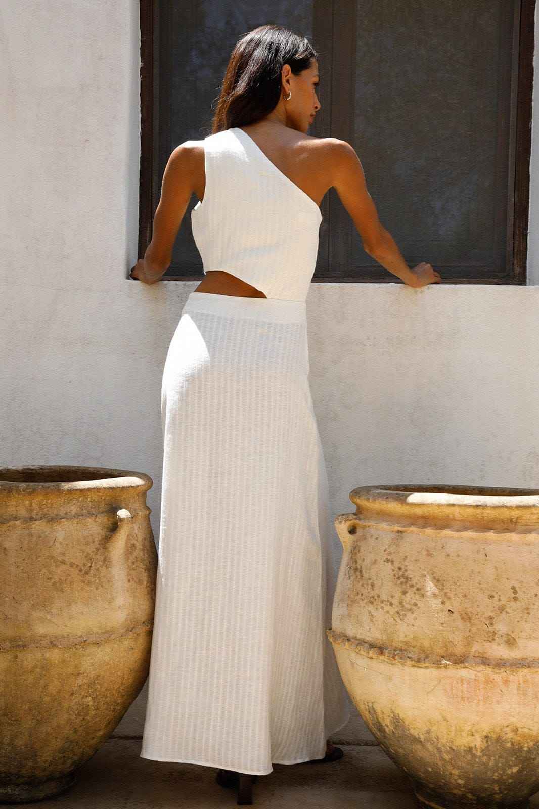 The Ava Asymmetric Maxi Dress in off-white