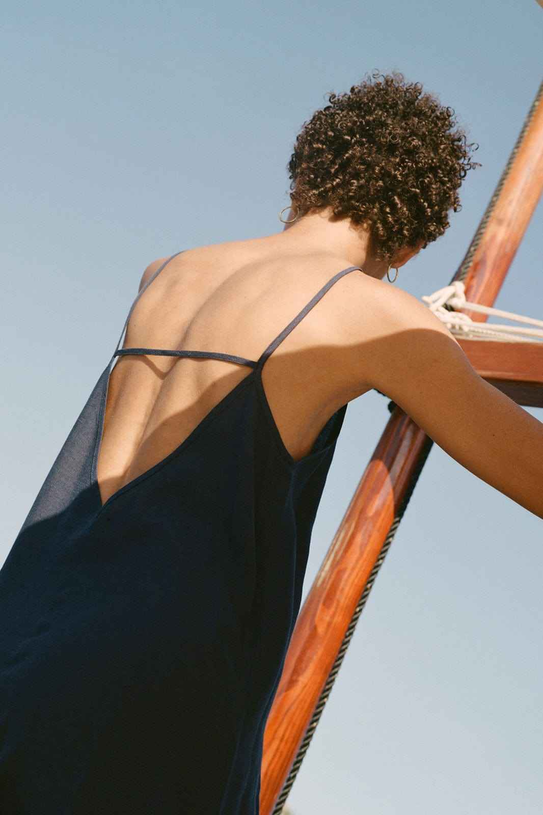 The Trude Linen Slip Dress in navy blue