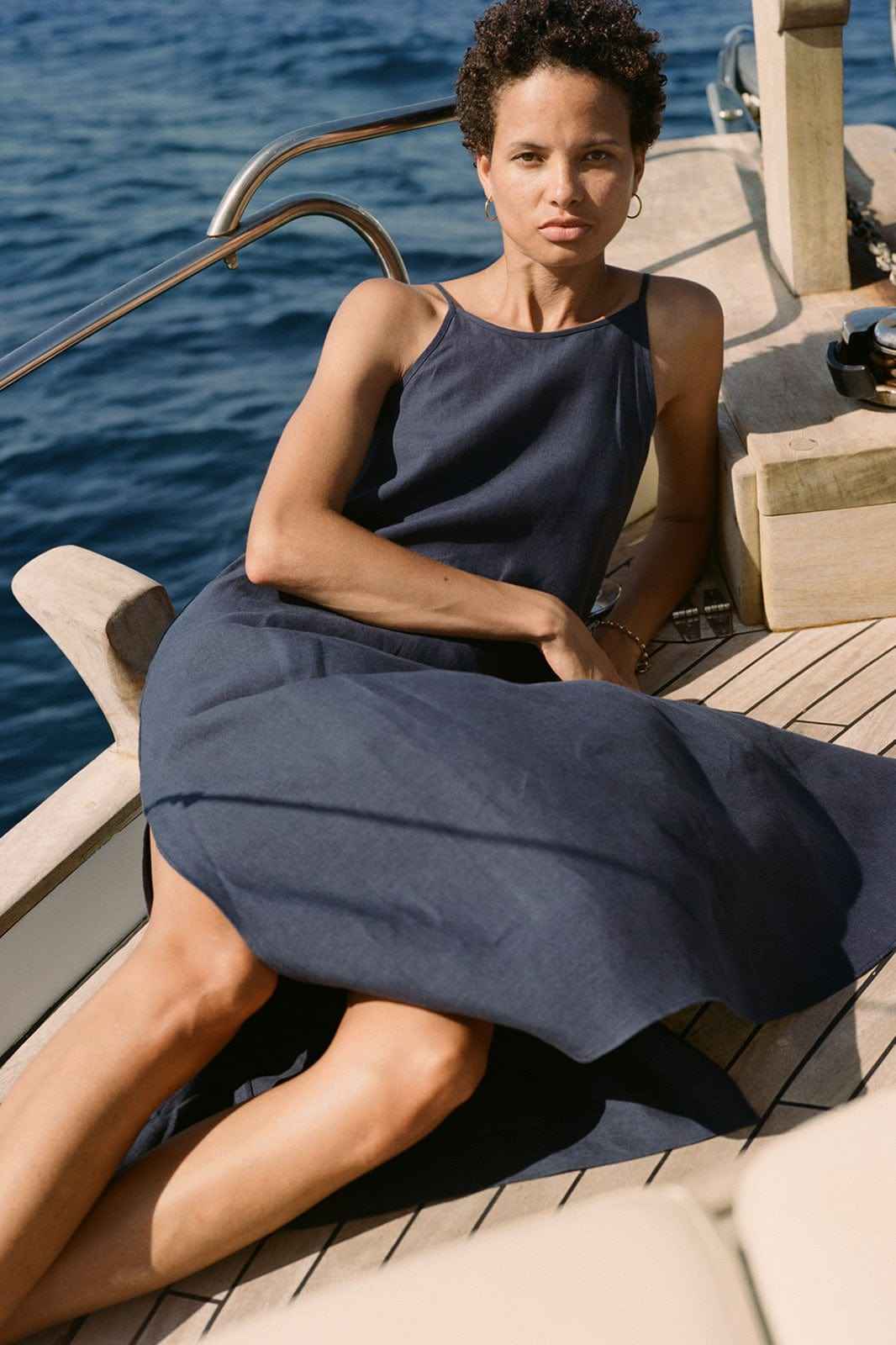 The Trude Linen Slip Dress in navy blue