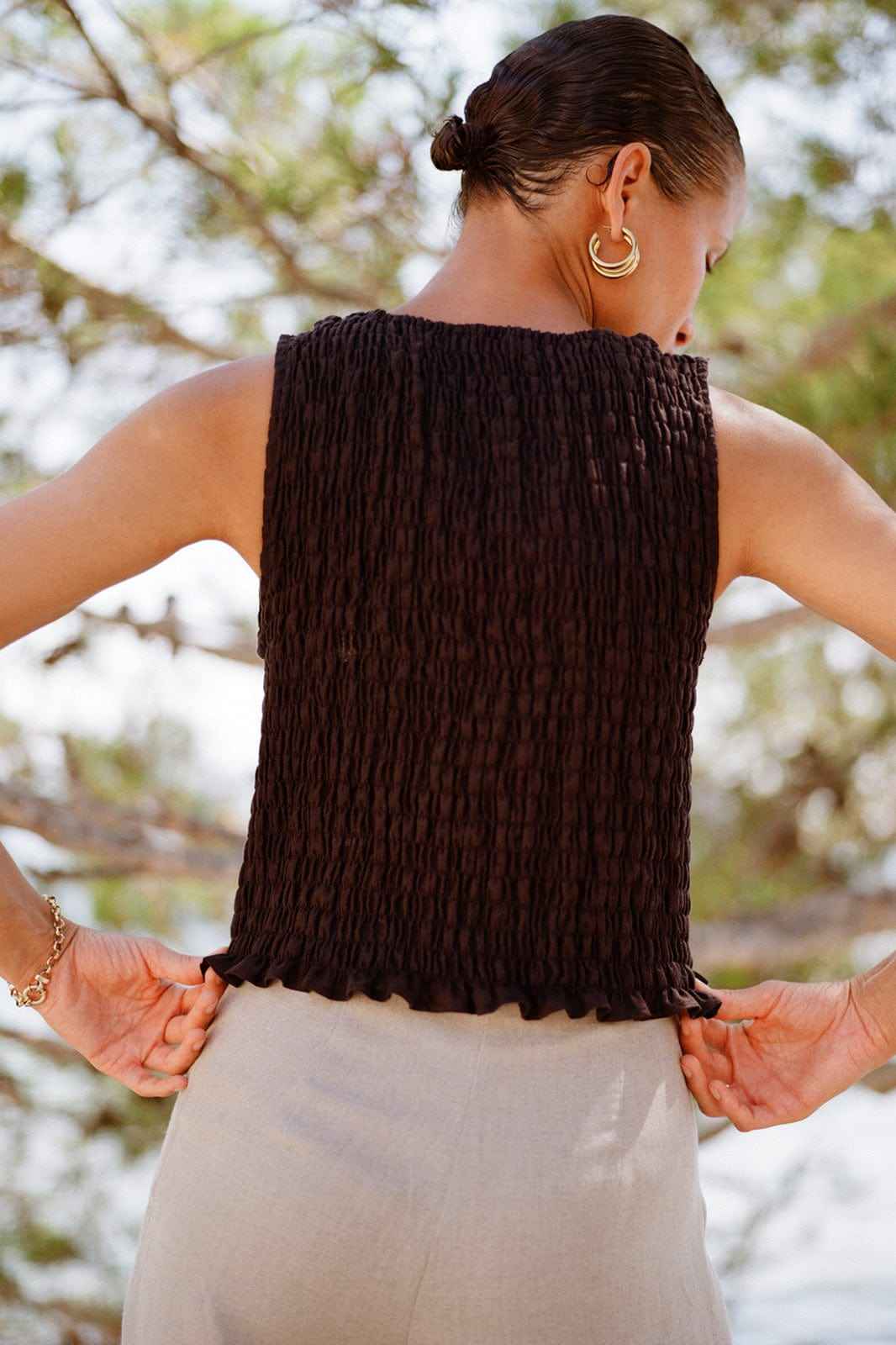 The Aya Smocked Tank Top in black