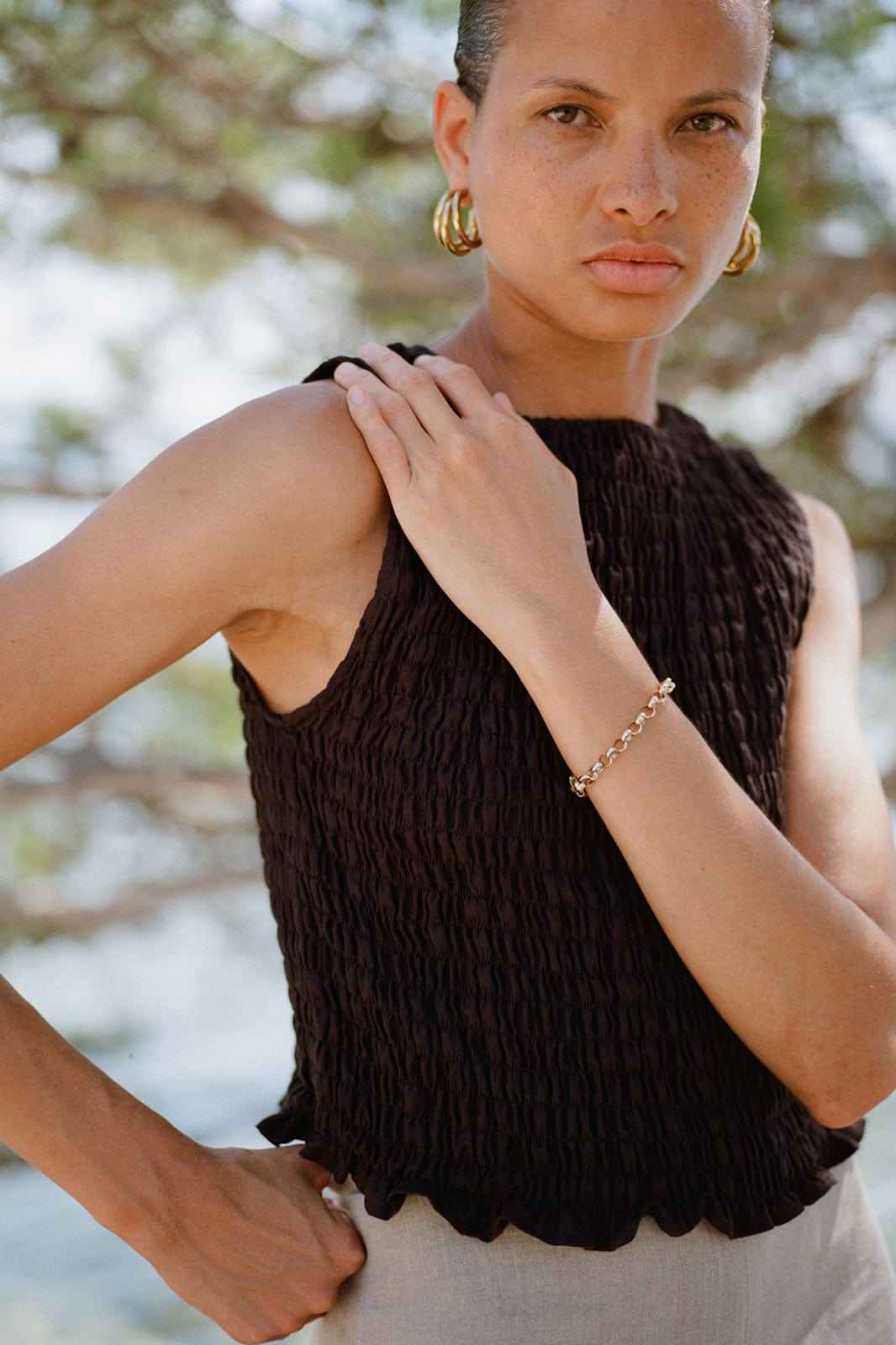 The Aya Smocked Tank Top in black
