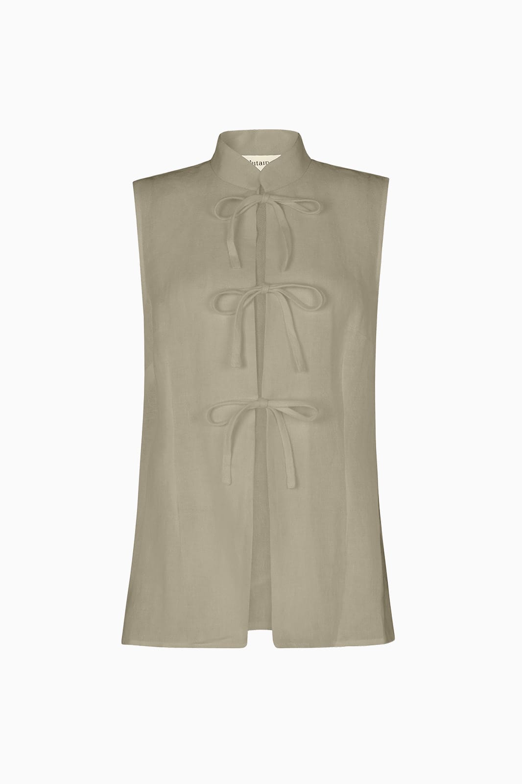 The Alma Stand-Up Collar Tie Vest in oatmeal