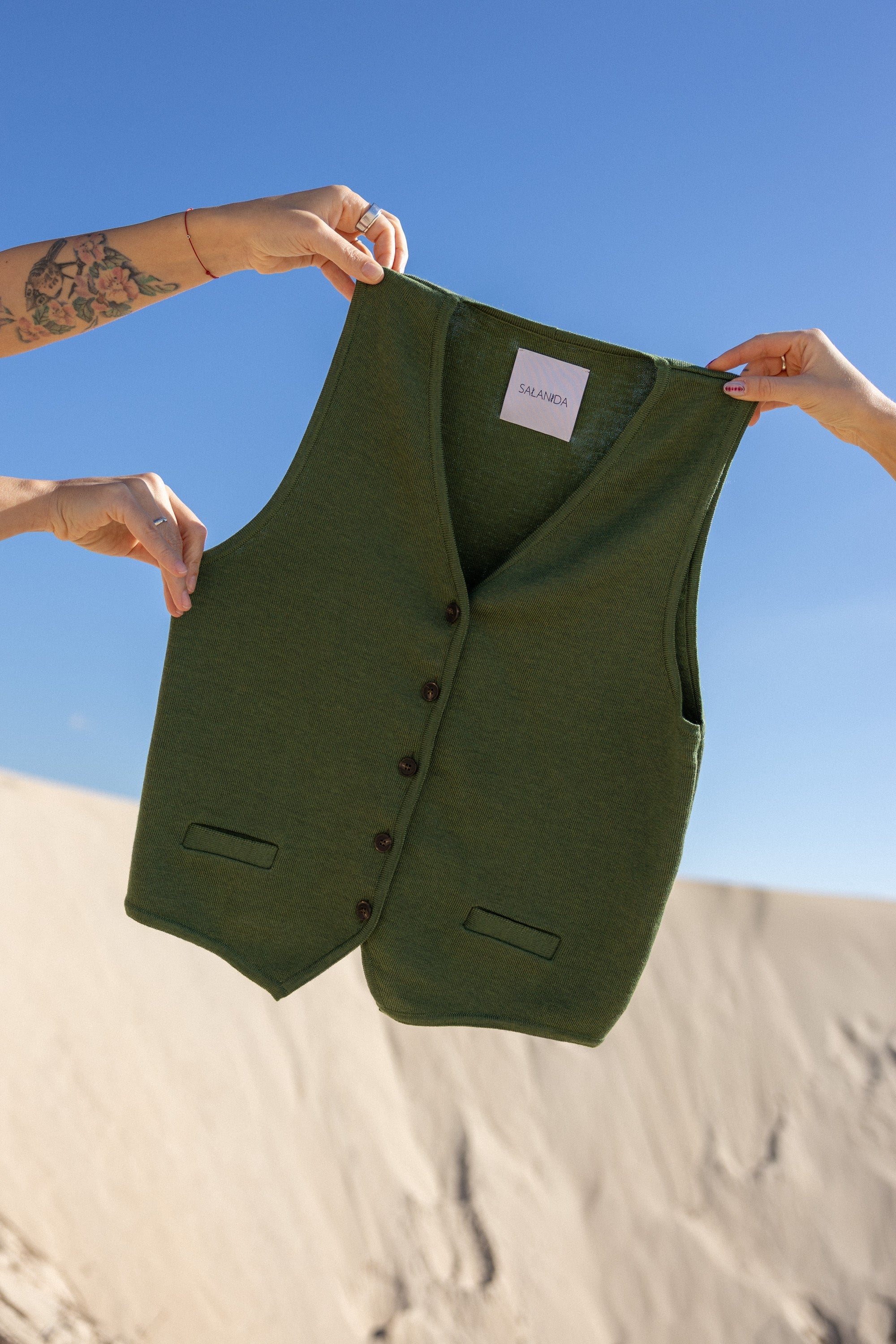 Galante Knitted 100% Merino Waistcoat Olive Green