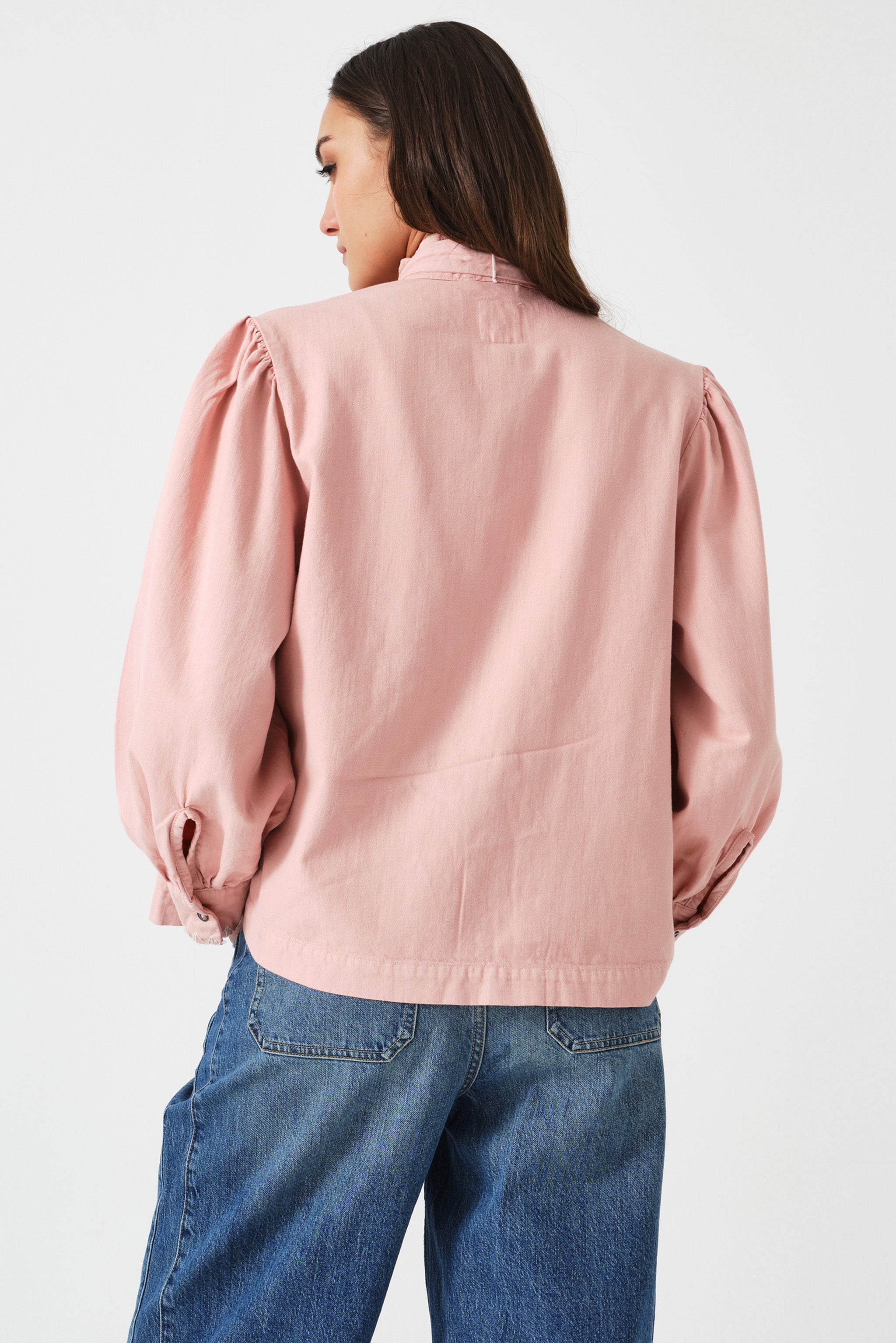 Poet Pussybow Denim Blouse in Peony Pink - seventy + mochi