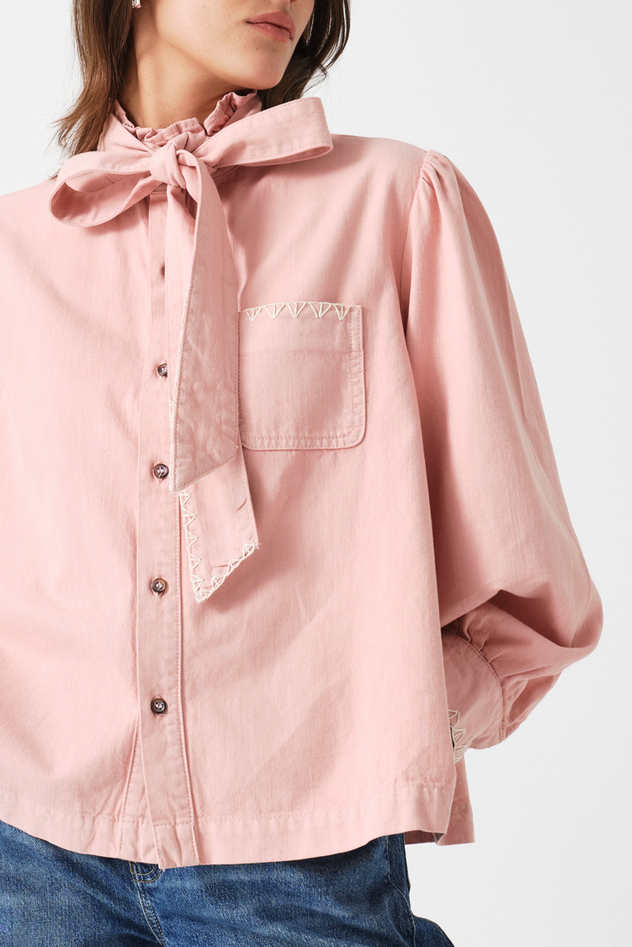 Poet Pussybow Denim Blouse in Peony Pink - seventy + mochi
