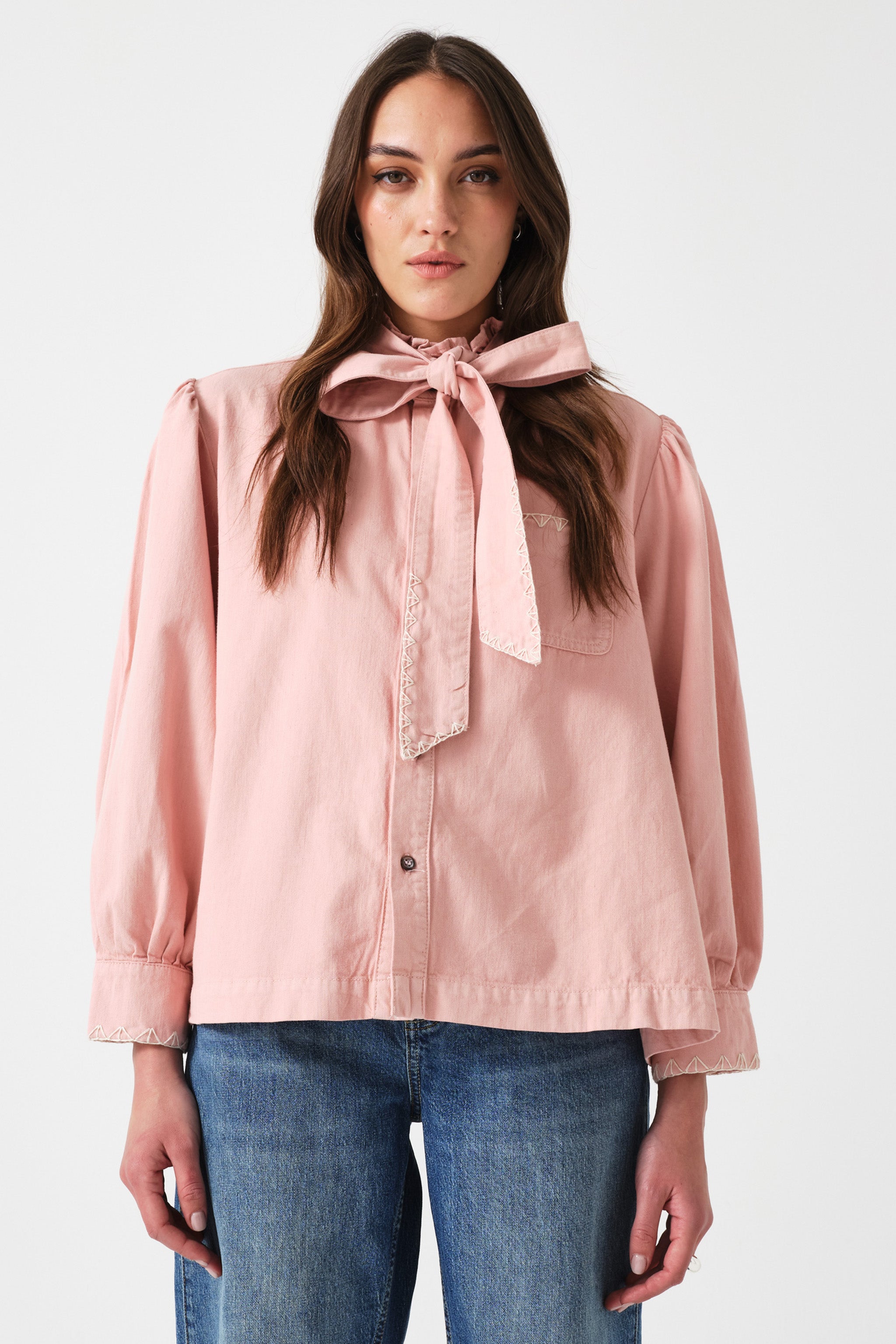 Poet Pussybow Denim Blouse in Peony Pink - seventy + mochi