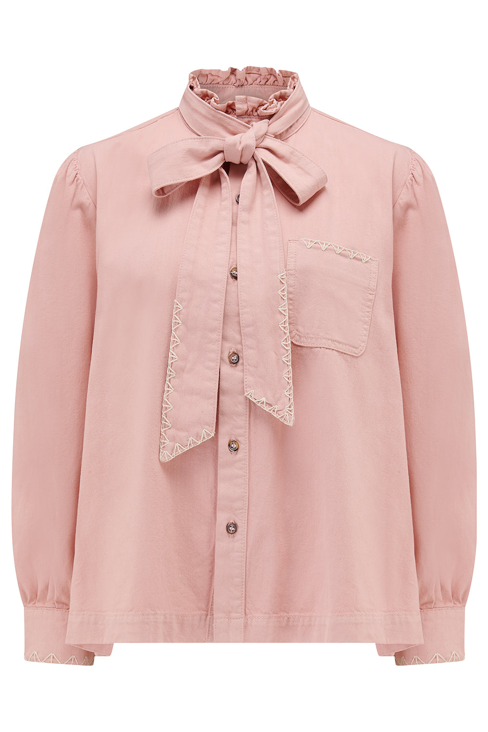 Poet Pussybow Denim Blouse in Peony Pink - seventy + mochi