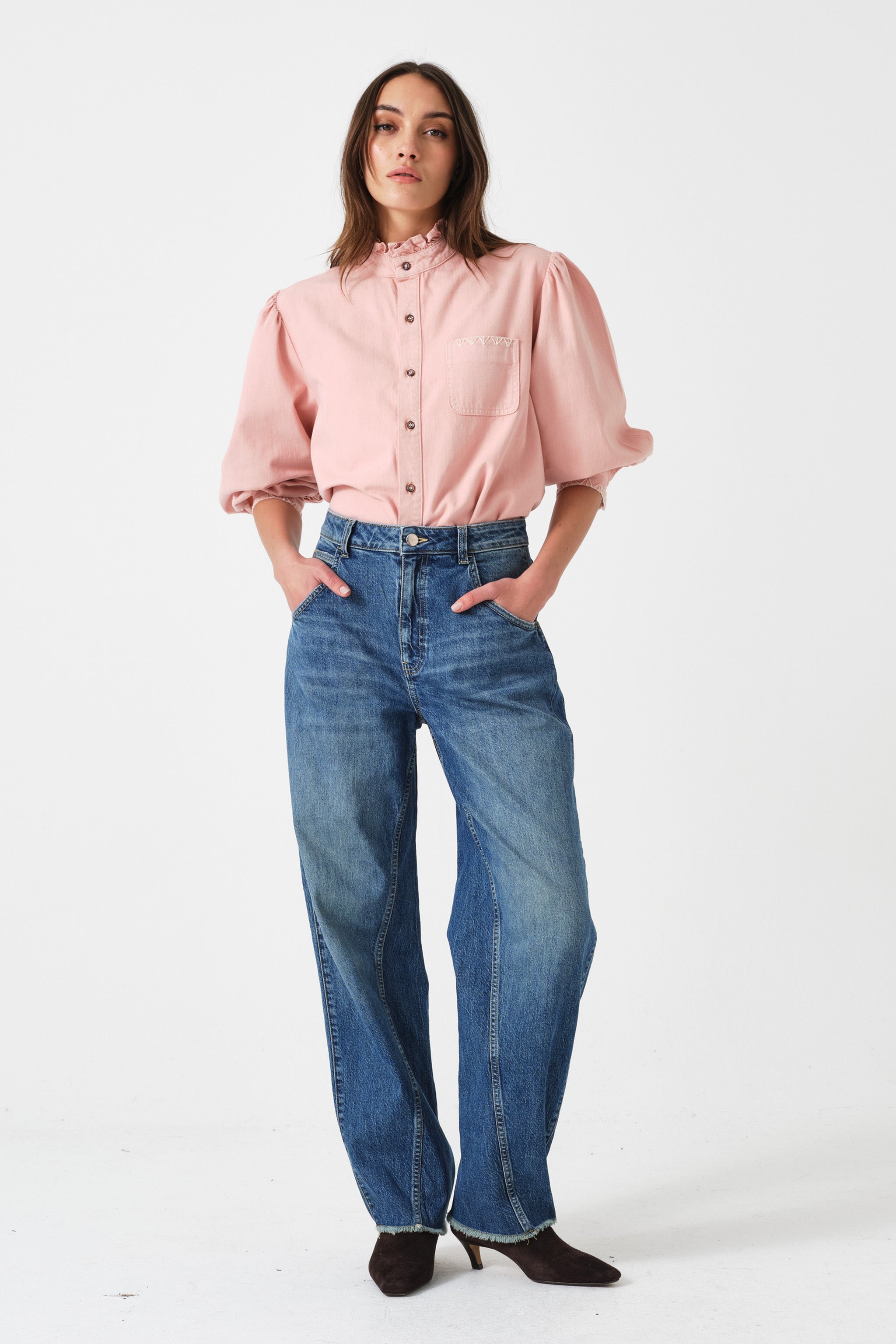Poet Pussybow Denim Blouse in Peony Pink - seventy + mochi
