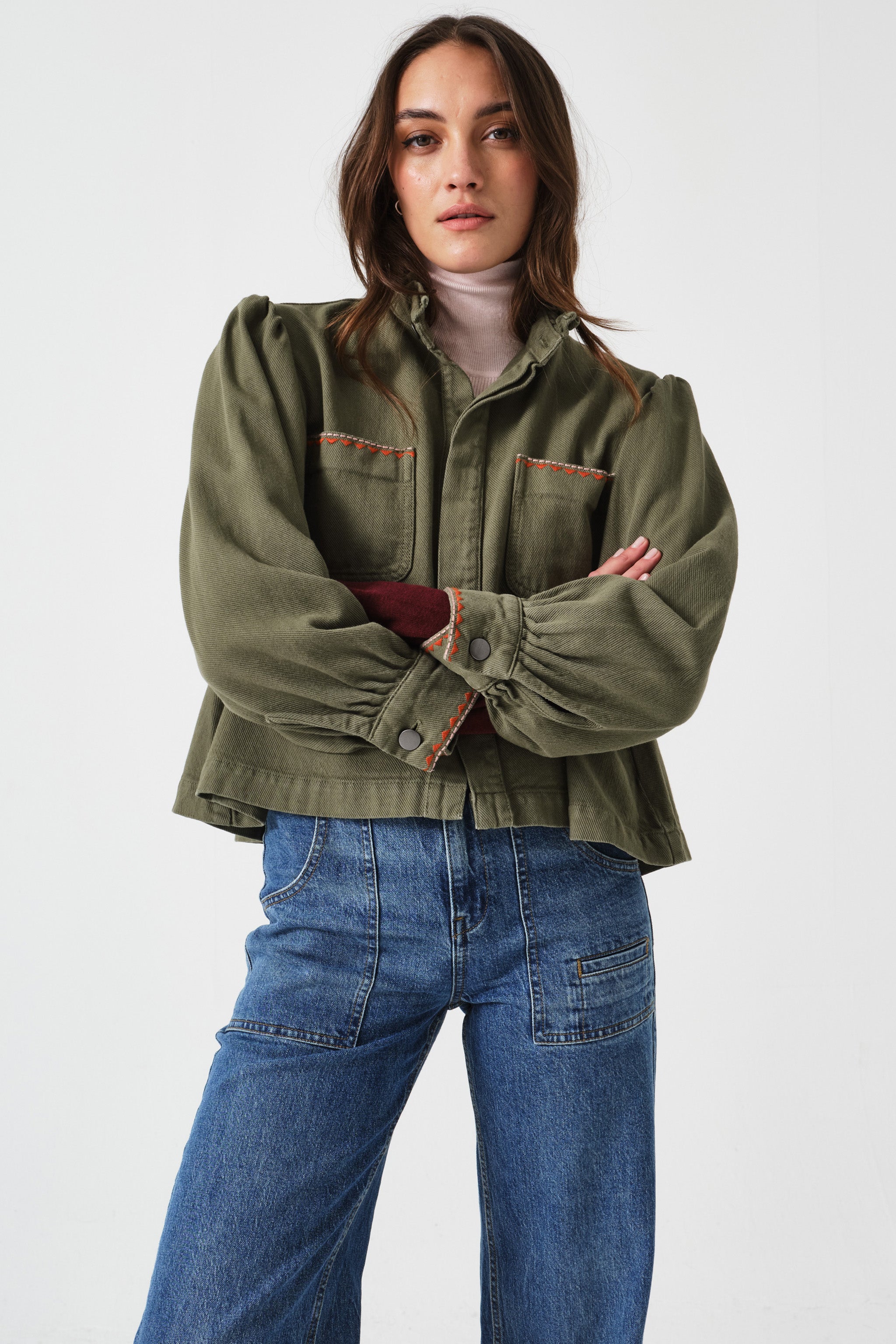Ziggy Cropped Denim Jacket in Khaki - seventy + mochi
